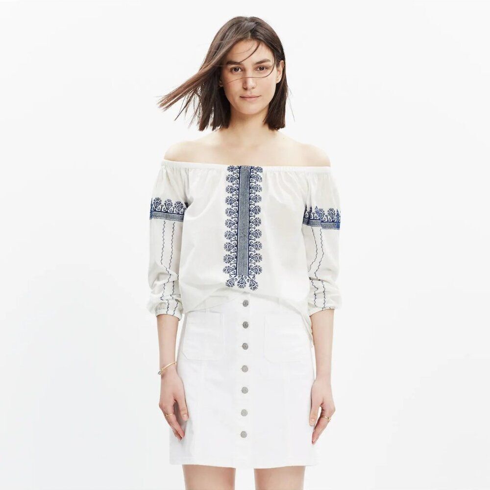 Madewell Folktale Off-the-Shoulder Top 100% Cotton White Embroidered Sz S